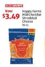 Aldi Happy Farms Mild Cheddar Shredded Cheese 16 oz. offer