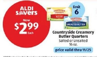 Aldi Countryside Creamery Butter Quarters Salted or Unsalted 16 oz. offer