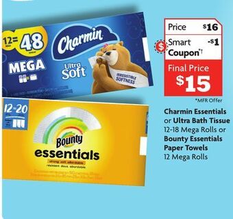 Family Dollar Charmin essentials or ultra bath tissue 12-18 mega rolls or bounty essentials paper towels 12 mega rolls offer
