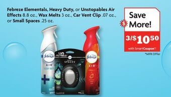 Family Dollar Febreze elementals, heavy duty, or unstopables air effects 8.8 oz., wax melts 3 oz., car vent clip. 07 oz., or small spaces. offer
