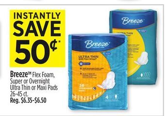 Dollar General Breeze™ flex foam, super or overnight ultra thin or maxi pads offer