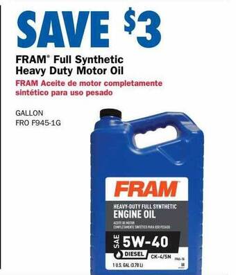 Carquest Fram full synthetic heavy duty motor oil offer