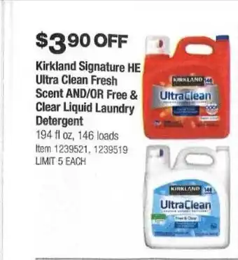 Costco Kirkland signature he ultra clean fresh scent and or free & clear liquid laundry detergent offer