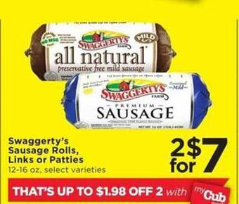 Cub Foods Swaggerty's sausage rolls, links or patties offer