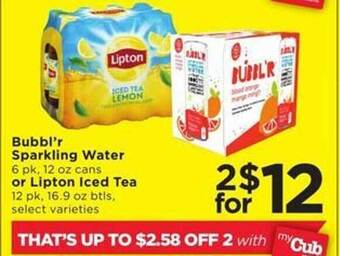 Cub Foods Bubbl'r sparkling water or lipton ice tea offer