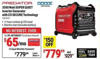 Harbor Freight Tools Predator 3500 watt super quiet inverter generator with co secure technology offer