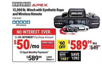 Harbor Freight Tools Badland apex 12,000 lb. winch with synthetic rope and wireless remote offer