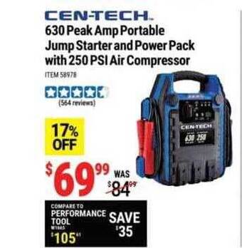 Harbor Freight Tools Cen-tech 630 peak amp portable jump starter and power pack with 250 psi air compressor offer