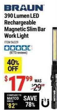 Harbor Freight Tools Braun 390 lumen led rechargeable magnetic slim bar work light offer