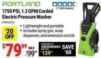 Harbor Freight Tools Portland 1750 psi, 1.3 gpm corded electric pressure washer offer