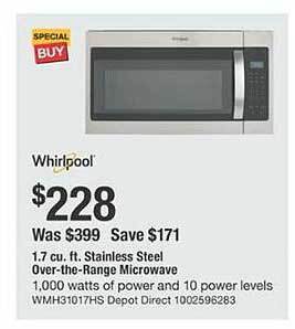 The Home Depot Whirlpool stainless steel over-the-range microwave offer