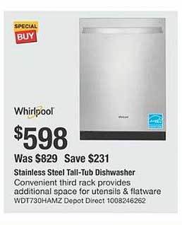The Home Depot Whirlpool stainless steel tall-tub dishwasher offer