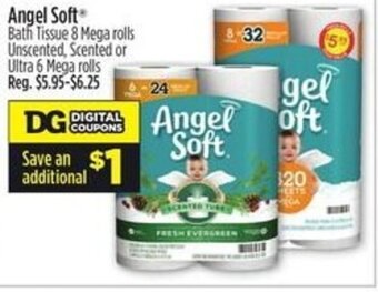 Dollar General Angel Soft Bath Tissue 8 Mega rolls Unscented, Scented or Ultra 6 Mega Rolls offer