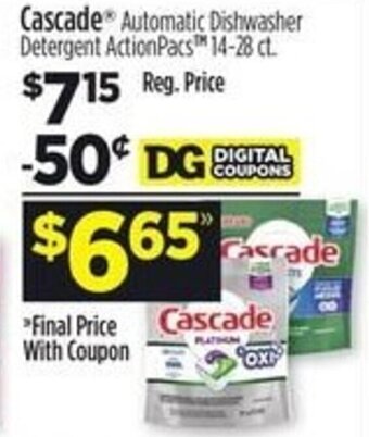 Dollar General Cascade Automatic Dishwasher Detergent ActionPacs offer