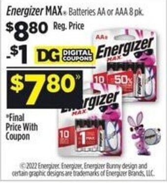 Dollar General Energizer Batteries AA or AAA pk. offer