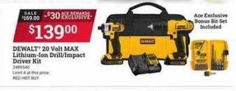 Ace Hardware Dewalt 20 volt max lithium-ion drill-impact driver kit offer