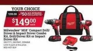 Ace Hardware Milwaukee m18 compact drill-driver & impact driver combo kit, drill-driver kit or impact driver kit offer