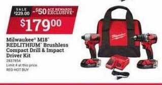 Ace Hardware Milwaukee m18 redlithium brushless compact drill & impact driver kit offer