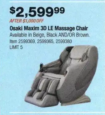 Costco Osaki maxim 3d le massage chair offer