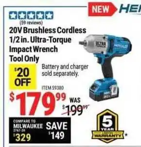 Harbor Freight Tools 20v brushless cordless ½in. ultra-torque impact wrench tool only hercules offer