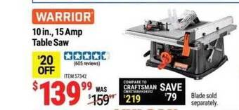Harbor Freight Tools Warrior 10 in., 15 amp table saw offer