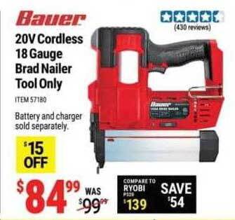 Harbor Freight Tools Bauer 20v cordless 18 gauge brad nailer tool only offer