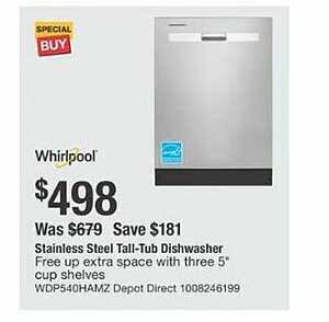 The Home Depot Whirlpool stainless steel tall-tub dishwasher offer