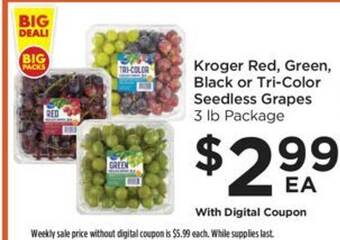 Food 4 Less Kroger red, green, black or tri-color seedless grapes offer