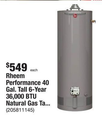 The Home Depot Rheem performance 40 gal. tall 6-year 36,000 btu natural gas tank water heater offer