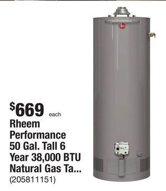 The Home Depot Rheem performance 50 gal. tall 6 year 38,000 btu natural gas tank water heater offer