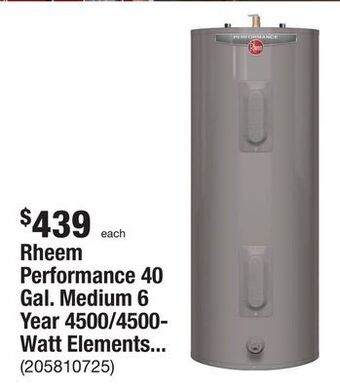 The Home Depot Rheem performance 40 gal. medium 6 year 4500/4500-watt elements electric tank water heater offer