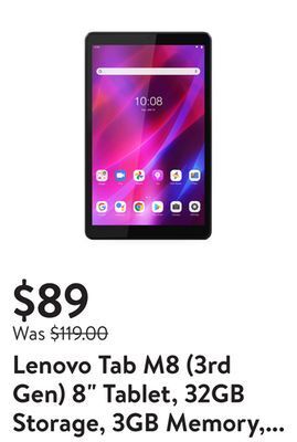Walmart Lenovo tab m8 (3rd gen) 8" tablet, 32gb storage, 3gb memory, android 11, hd display offer