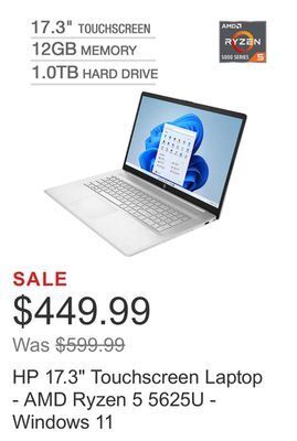 Costco Hp 17.3" touchscreen laptop - amd ryzen 5 5625u - windows 11 offer