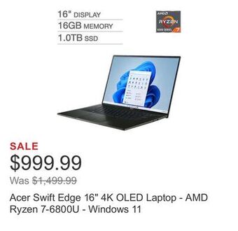 Costco Acer swift edge 16" 4k oled laptop - amd ryzen 7-6800u - windows 11 offer