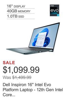 Costco Dell inspiron 16" intel evo platform laptop - 12th gen intel core i7-12700h - 3k 3072 x 1920 display - windows 11 offer