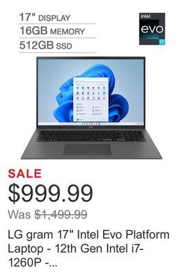 Costco Lg gram 17" intel evo platform laptop - 12th gen intel i7-1260p - 2560 x 1600 display - windows 11 offer
