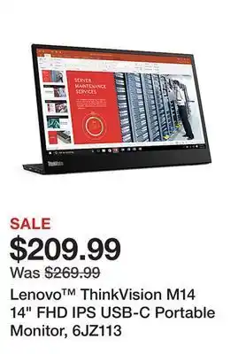 Office Depot Lenovo™ thinkvision m14 14" fhd ips usb-c portable monitor, 6jz113 offer