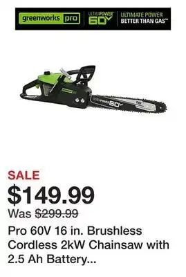 Tractor Supply Company Pro 60v 16 in. brushless cordless 2kw chainsaw with 2.5 ah battery and charger, 2019202 offer