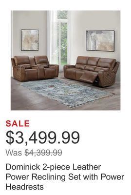 Costco Dominick 2-piece leather power reclining set with power headrests offer