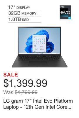 Costco Lg gram 17" intel evo platform laptop - 12th gen intel core i7-1260p - 2560 x 1600 - windows 11 offer