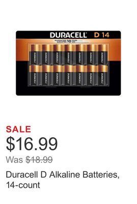 Costco Duracell d alkaline batteries, 14-count offer