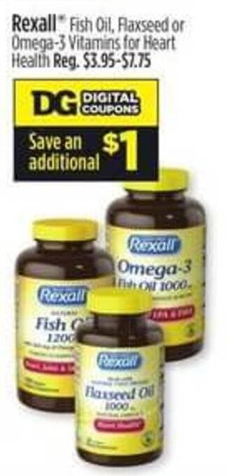 Dollar General Rexall Fish Oil, Flaxseed or Omega-3 Vitamins for Heart Health offer