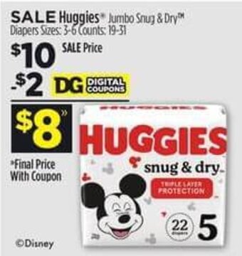 Dollar General Huggies Jumbo Snug & Dry Diapers Sizes: 3-6 Counts: 19-31 offer