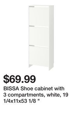Ikea Bissa shoe cabinet with 3 compartments, white, 19 1/4x11x53 1/8 " offer