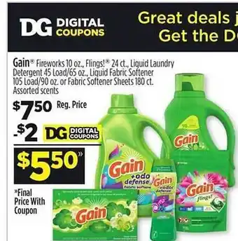 Dollar General Gain fireworks fling! 24 ct. liquid laundry detergent 45 load liquid fabric softener 105 load-90 or fabric softener sheets 18 offer