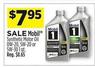 Dollar General Mobil synthetic motor oil ow-20 5w-20 or 5w-30 1 qt offer