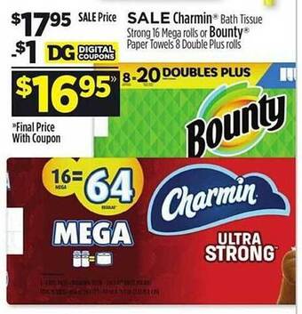 Dollar General Charmin bath tissue strong 16 mega rolls or bounty paper towels 8 double plus rolls offer