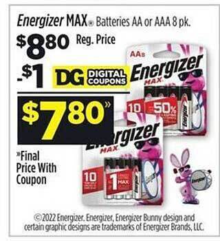 Dollar General Energizer max batteries aa or aaa 8 pk offer