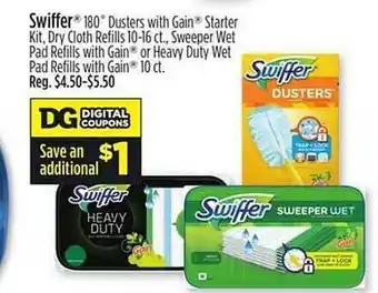 Dollar General Swiffer 180 dusters with gain starter kit dry cloth refills 10-16 ct. sweeper wet pad refills with gain or heavy duty wet pad offer