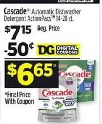 Dollar General Cascade automatic dishawasher detergent actionpacs 14-28 ct. offer